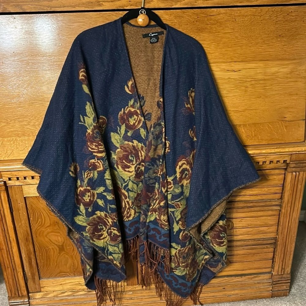 Cejon Bohemian Whimsical Navy Floral Rose Tapestry Fringe Open Front Poncho Wrap